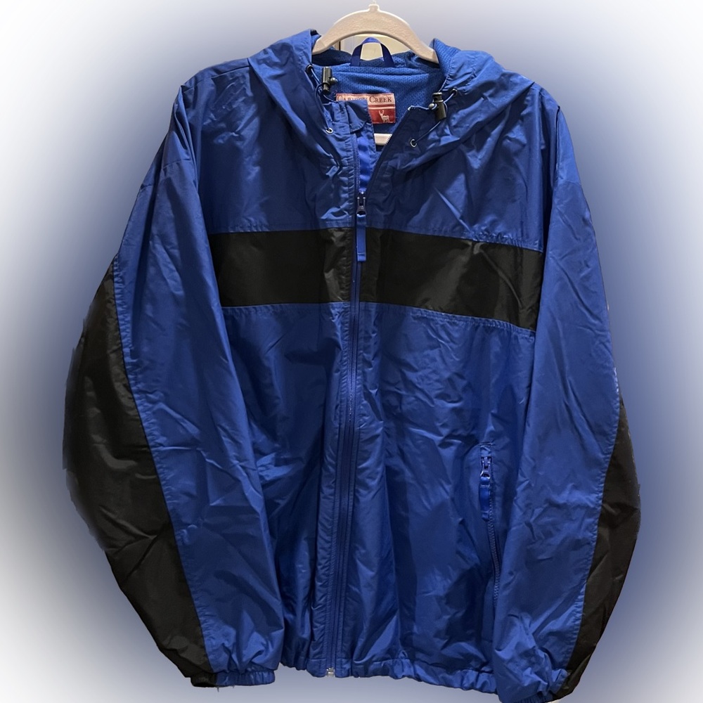 Caribou Creek Blue Black Windbreaker Jacket XL Long Sleeve Pockets Hood